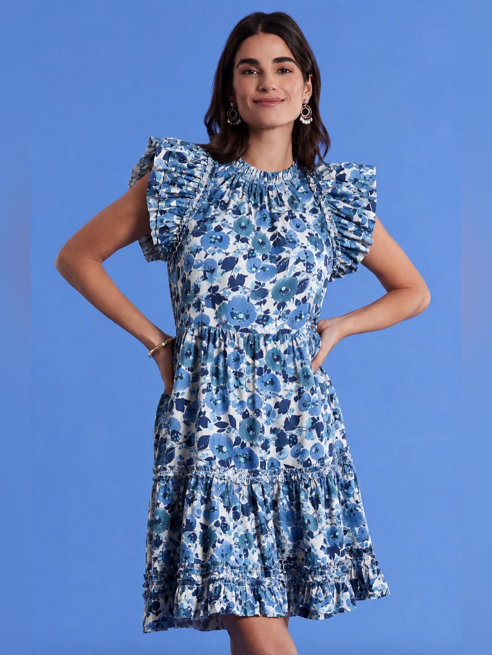 Tyler Böe Blue Floral Cotton Tiered Mini Dress NWT L - Picture 13 of 13